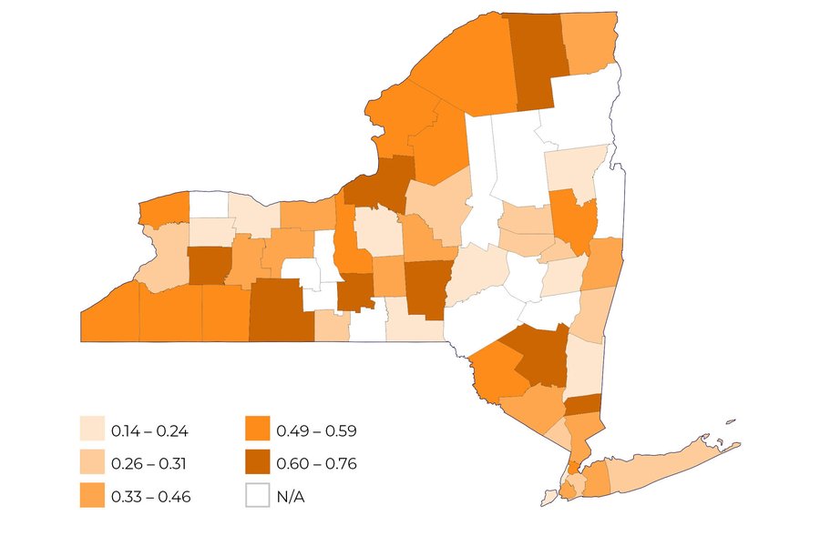 Source: Authors’ analysis of 2017 SPARCS Inpatient De-Identified File and 2018 WIC data from the New York State Department of Health’s Division of Nutrition.
Notes: “N/A” means that the county is suppressed in SPARCS data.
The Division of Nutrition dataset includes all women who had active WIC certifications on April 30, 2018.
The WIC-pregnant-women-to-Medicaid-births ratios show the number of WIC-enrolled pregnant women residing in the county (“WIC pregnant women”) per Medicaid-enrolled infants born in the same county (“Medicaid births”). Ratios less than 1 suggest that there are fewer pregnant county residents enrolled in WIC than Medicaid-enrolled infants born in the same county.